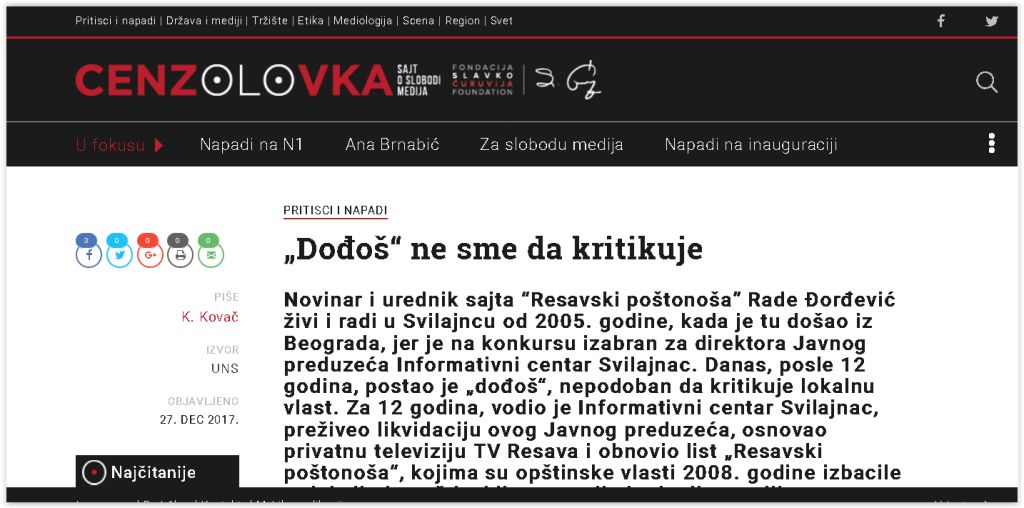 Pritisci i napadi „Dođoš“ ne sme da kritikuje